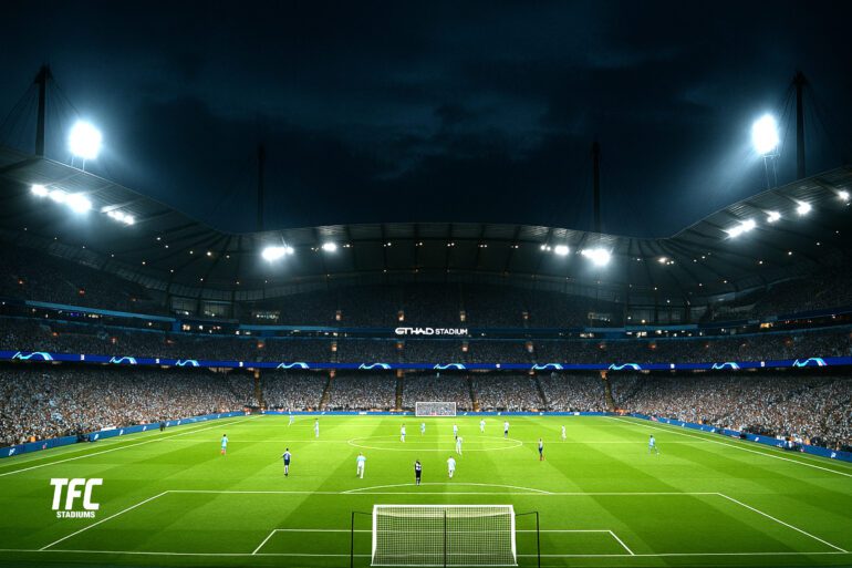 Etihad Stadium at night during Champions League