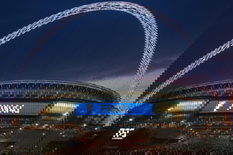 Fans arrive at Wembley Stadium for a final under the famous arch