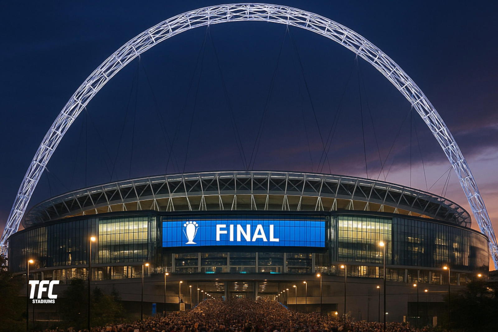 Fans arrive at Wembley Stadium for a final under the famous arch