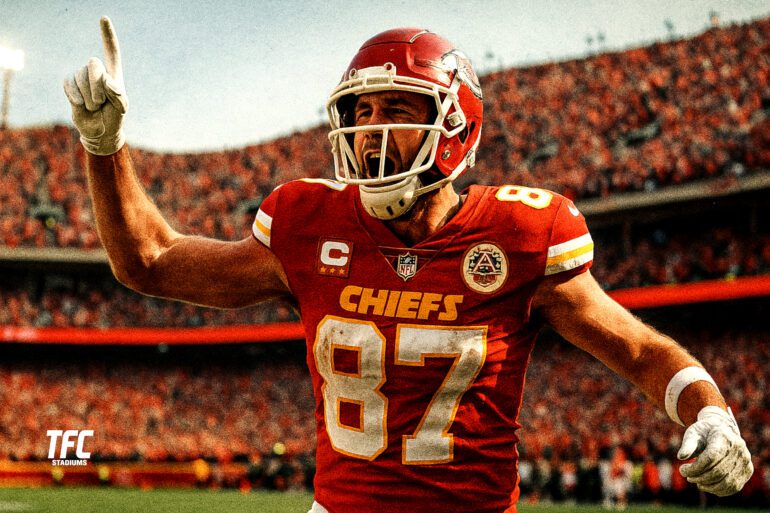 Travis Kelce celebrates at Arrowhead Stadium